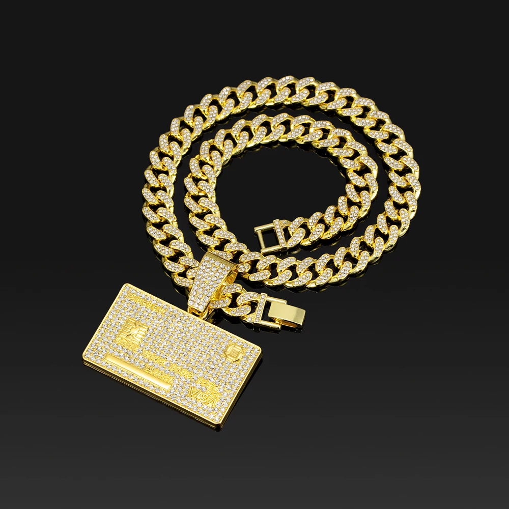 Men\'s Hip Hop Credit VISA Card Pendants With 13mm Miami Cuban Chain Iced Out Bling Bank Card Necklaces Fashion Jewelry for Woman