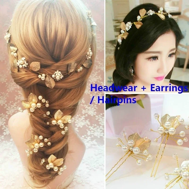 

Golden Leaf Headdress Set Bridal Headdress White Wedding Dress Accessories Bridal Hairpin Headgear