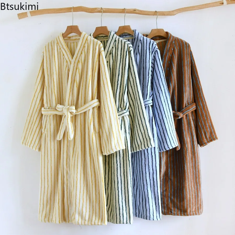 Women's Thickened Long Coral Fleece Sleepwear Autumn Winter Warm Simple Striped Loose Flannel Robe Bathrobe Comfortable Robes
