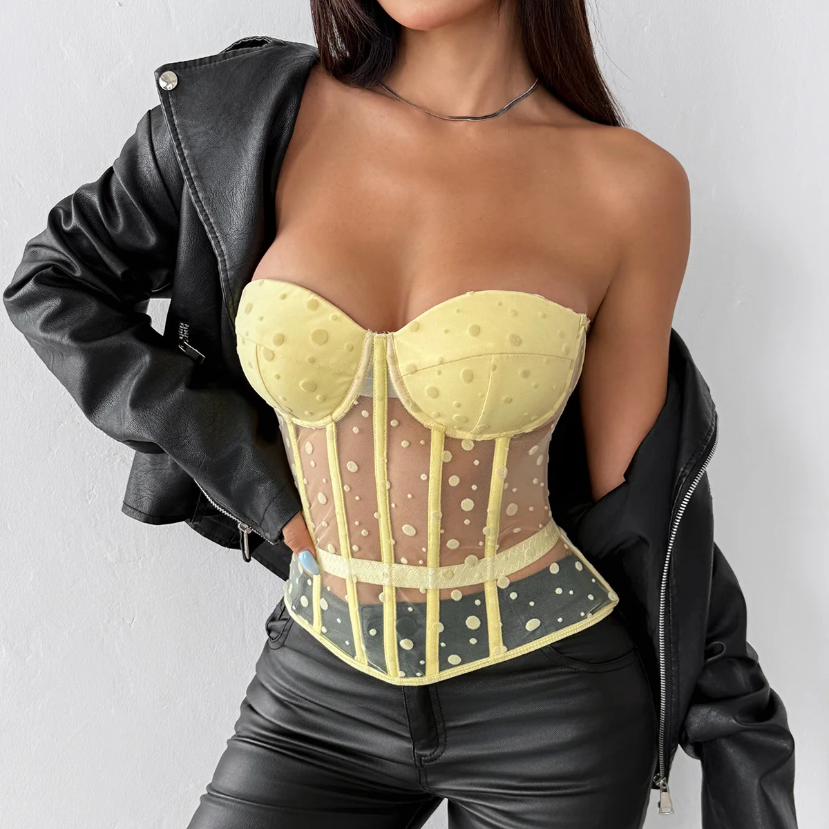 Women's Polka Dot Mesh Corset Strapless Transparent Slim Fit Elegant Skinny Herringbone Strap Top Cropped Top Party Club Outfit