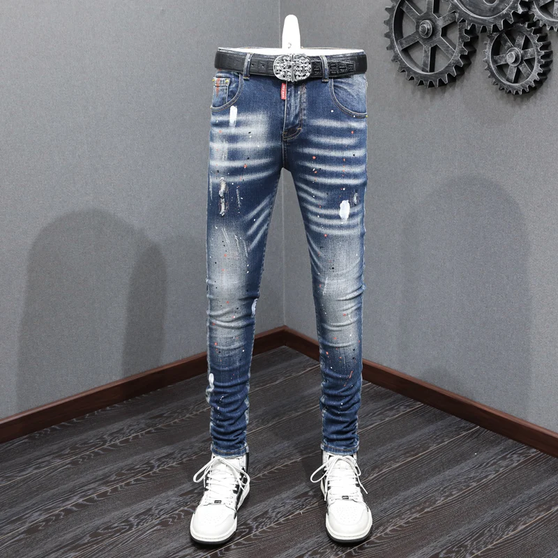 

High Street Fashion Men Jeans Retro Washed Blue Stretch Slim Fit Ripped Jeans Men Painted Designer Hip Hop Vintage Denim Pants