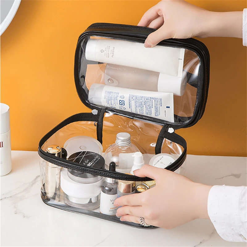 PVC Transparent Double-layer Portable Cosmetic Bag Large-capacity Layering Waterproof Toiletry Bag Convenient for Travelling