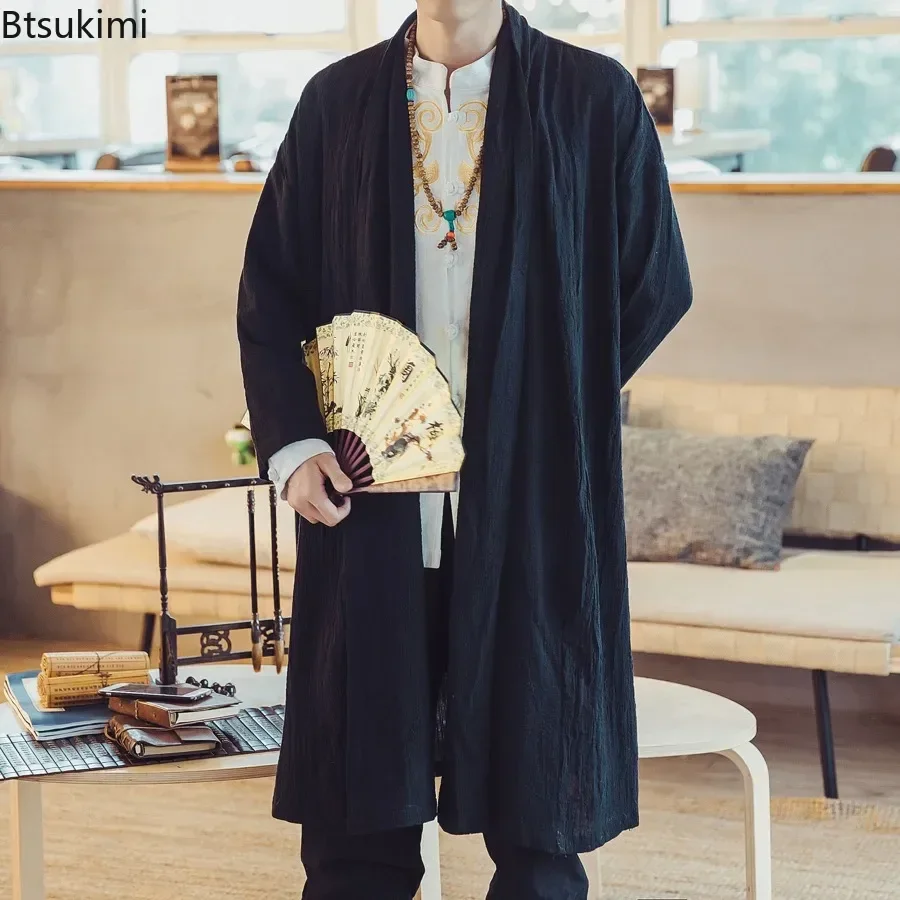 

2025Men's Vintage Loose Casual Coat Plus Size Chinese Style Long Cardigan Streetwear Windbreak Jackets Outwear Linen Jacket Male