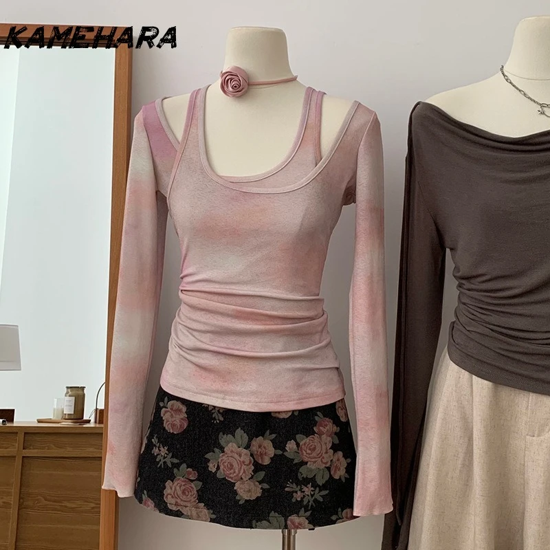 

KAMEHARA Japanese Spring Sweet Pink Blended Patchwork Fake Two-piece Top Kawaii Fashion Long Sleeve Slimming T-shirt 민소매 티 여성