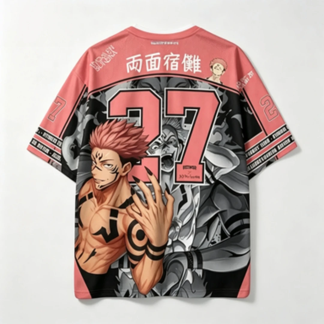 Ryumen Sukuna Pink Black Contrast V-neck Mesh Manga Panel Background Number 27 Pattern Sports and Leisure T-shirt