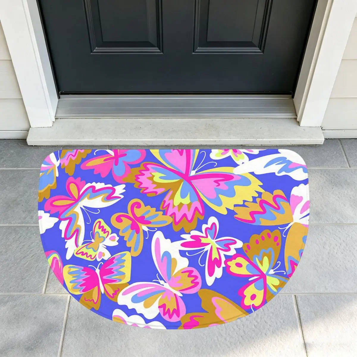 Colorful Butterfly Soft Flannel Half Round Doormat Non Slip Bathroom Mat Absorbent Floor Carpet for Laundry Room Bathroom