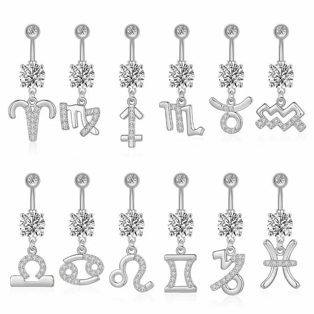 

12pcs/lot Constellation Series Navel Piercing Belly Ring Sets Sexy Long Dangled CZ Belly Button Ring Barbell Bar Dangling Omblig