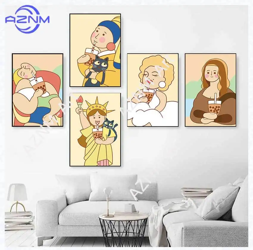 Funny Mona Lisa Bubble Tea Famous Portrait Cartoon Painting Nordic Canvas Art Print Poster Picture Wall Living Room Home Decor