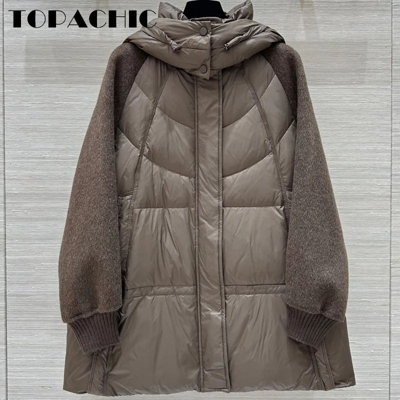 10.7 TOPACHIC-Women Knit Cuff Double-Sided Wool Spliced Hooded Quilted Mid-Length Outerwear White Duck Down Loose Zipper Jacket