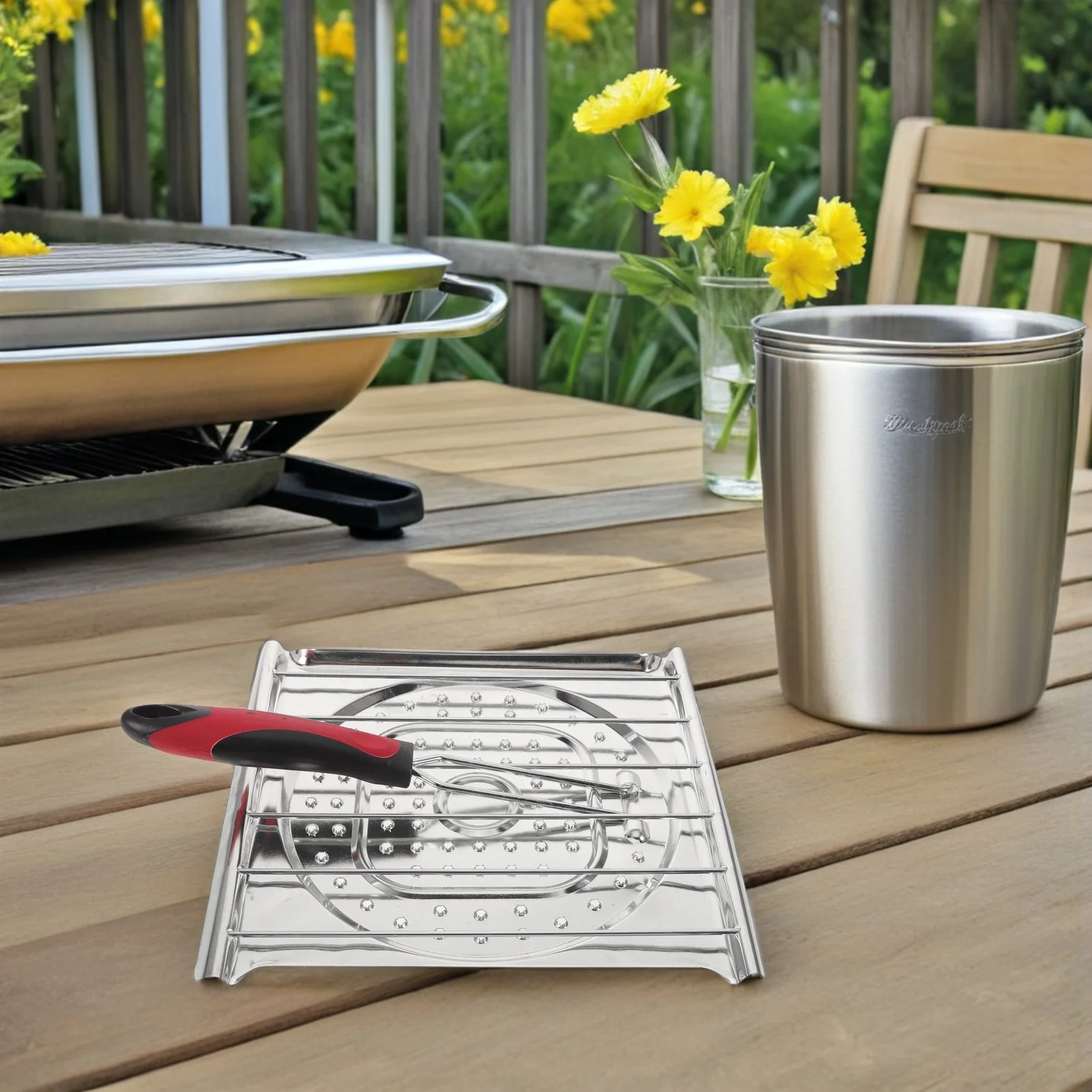 

Portable Stainless Steel Grill Pan Foldable Handle Hollow Round Nonstick Roasting Tray Outdoor Bbq Camping Grilling Basket Pan