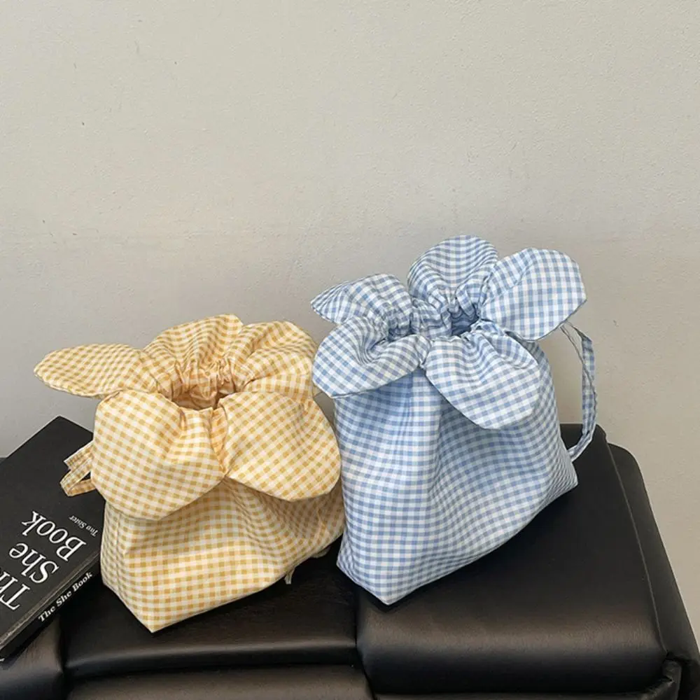 

Литературная корейская стильная клетчатая сумка на шнурке, милая тканевая маленькая сумка через плечо, портативный комплект, карманная сумка с цветком для покупок