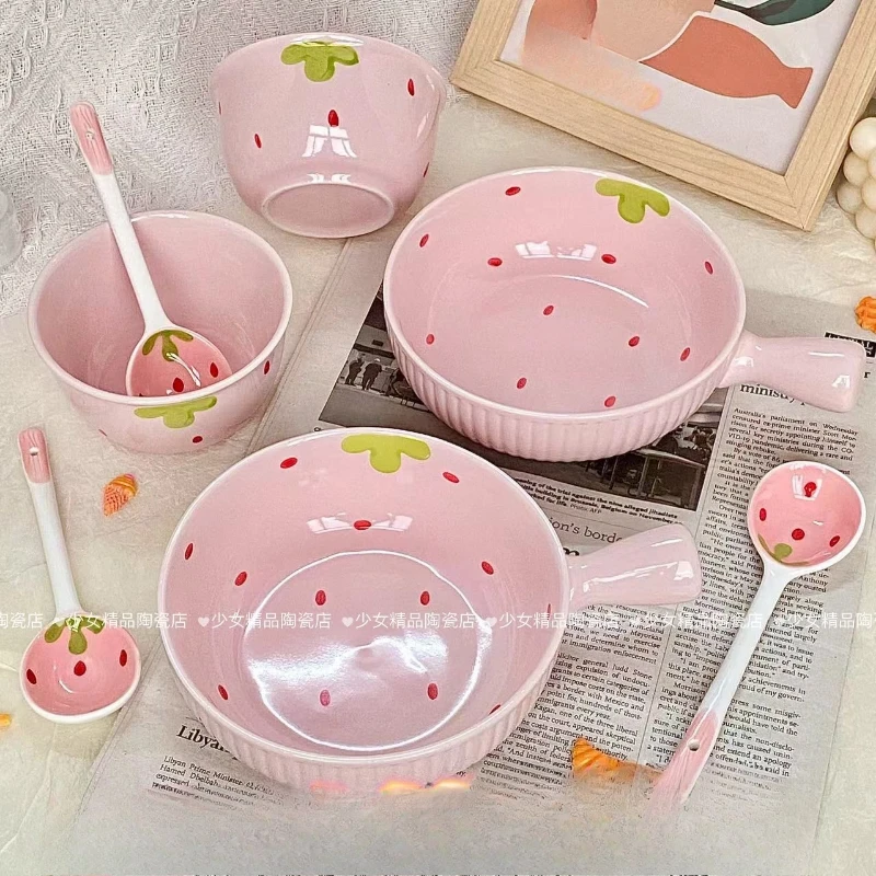 

Cute Girl with High Appearance, Strawberry, Ceramic Bowls, Household Handle, Rice Bowl, Instant Noodles, Tableware