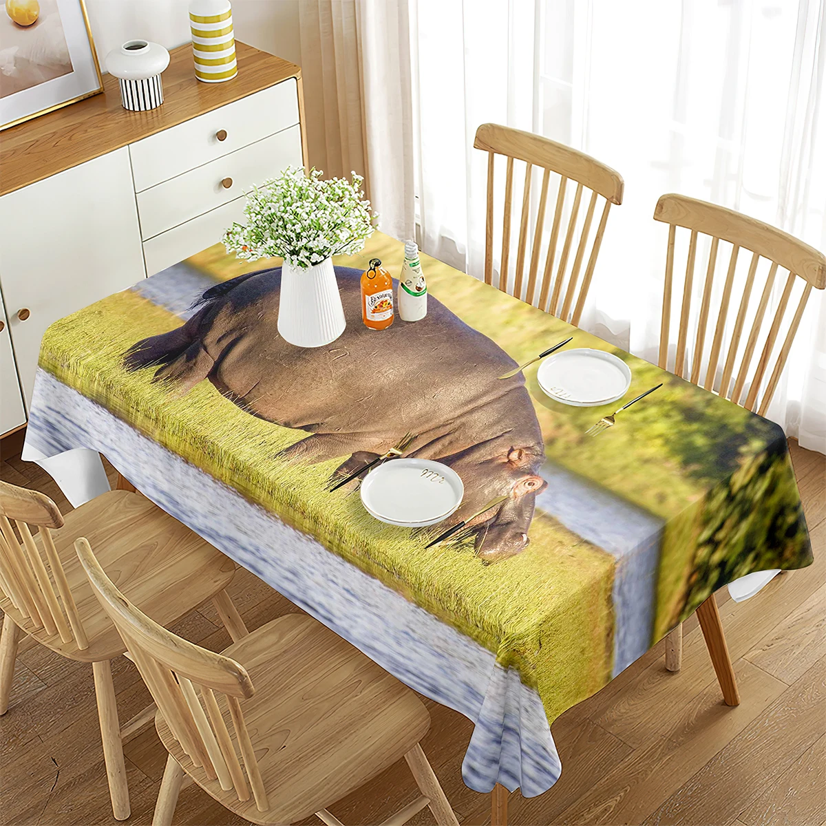 

Hippo Tablecloth, Wild Animals Tablecloth for Kids Child Teens Boys Girls, Rectangular Table Cover for Dining Room Kitchen Decor