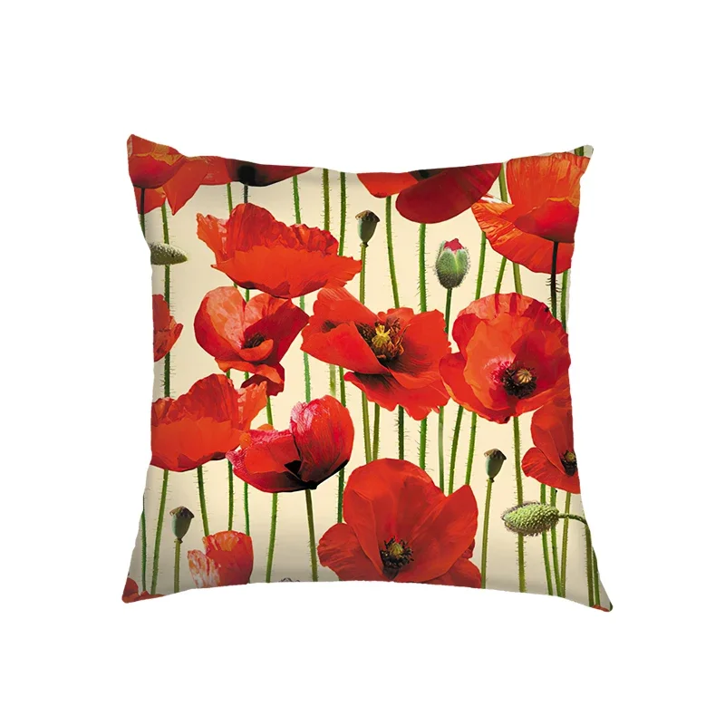 Fashion Red Poppy Flower Cushion Covers Pillowcases Home DecorationBedroom Office Square Pillowcase Throw Pillow Cover Gift