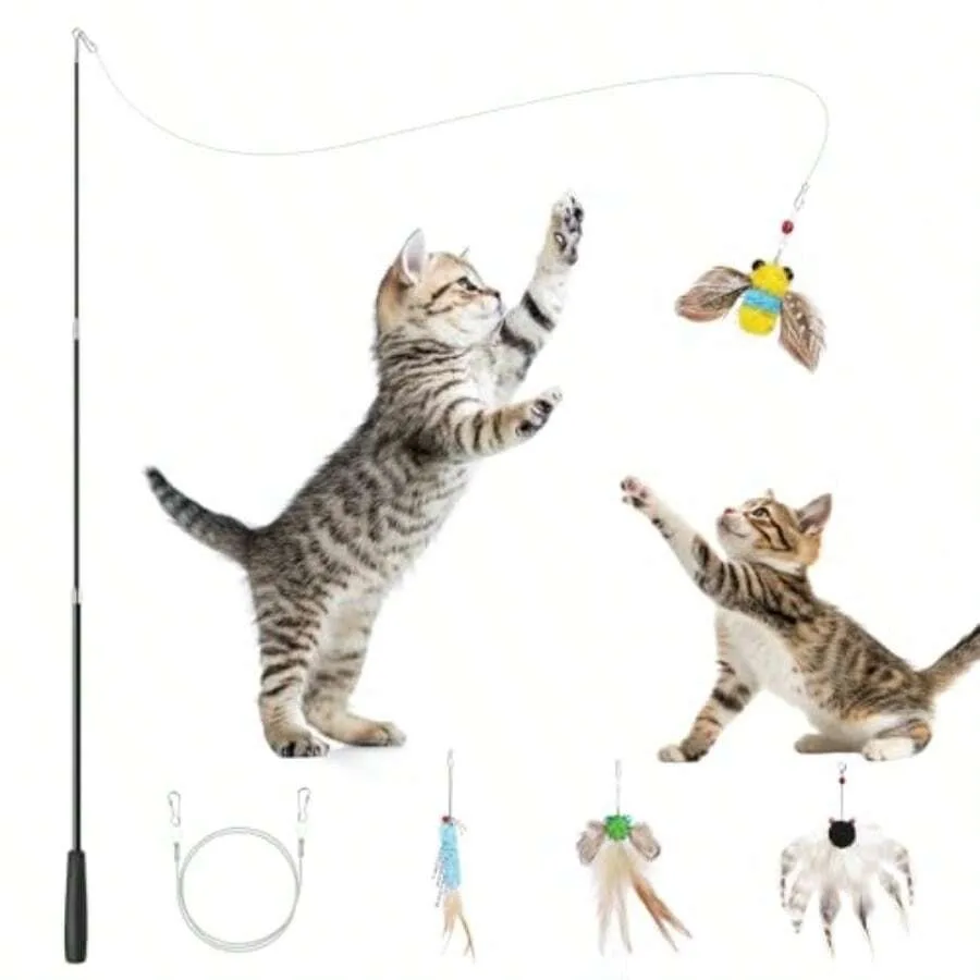 【New style】4-In-1 Interactive Cat Toys For Indoor Retractable Cat Wand Toy With 4 Feather Toys Refills Cats Fishing Pole Toy Te