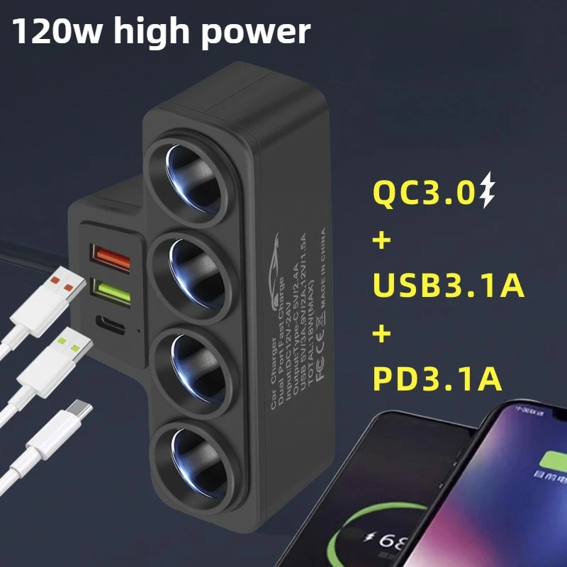 

120W Car Phone Charger Cigarette Lighter Adapter QC3.0 PD 3.1A Multi Ports Quick Charge USB Charging Socket Splitter Plug