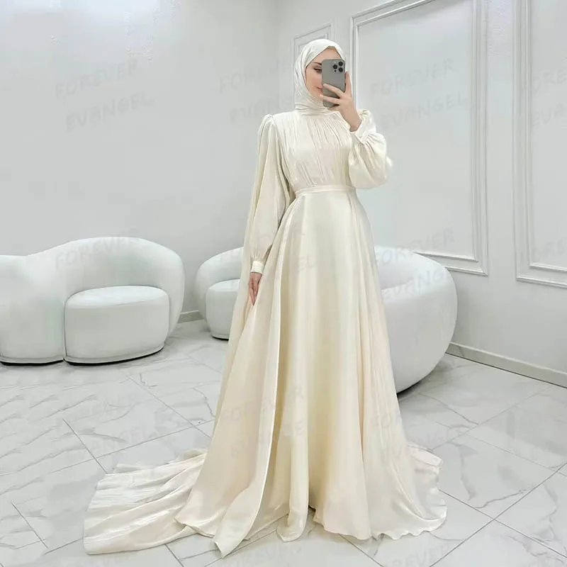 

Простые элегантные свадебные платья трапециевидной формы, женская официальная шаль с длинным рукавом и высоким воротом, плиссированные атласные мусульманские платья Vestido De Novia
