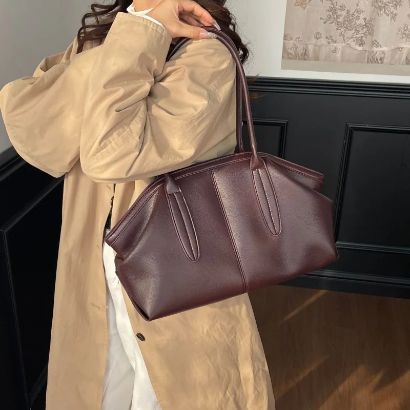 2026 Retro Underarm Shoulder Tote Bag For Women Oyster Design Big Capacity Armpit Bag Vegan Leather Pure Color Commuter Handbag