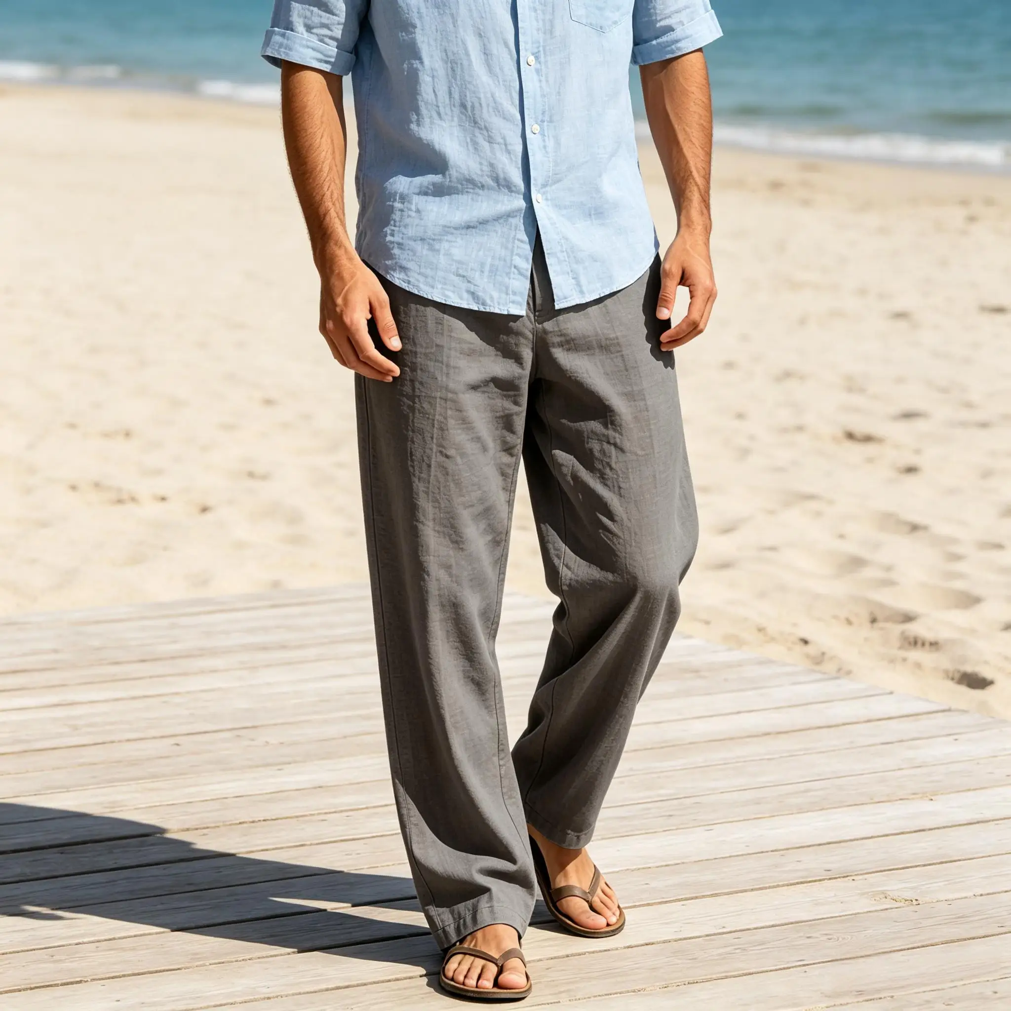 Men High Waist Linen Straight Leg Pants Lightweight Breathable Loose Trousers Beach Commute Vacation Daily Casual Streetwear