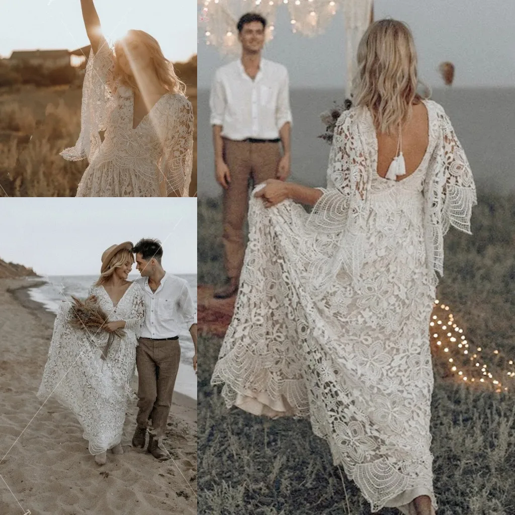 Flare Sleeve crochet Lace Wedding Dresses Boho GYPSY V-Neck beach bohemian Bridal Gowns Fashion Robe de soriee Chic