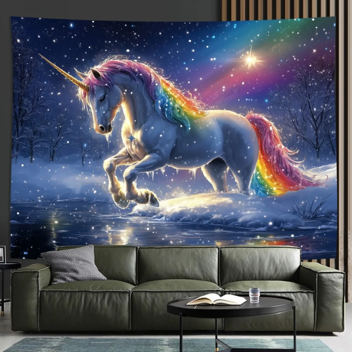 Tela de fondo de poliéster con diseño de unicornio mágico y bosque arcoíris, decoración de pared ligera y suave de ensueño con unicornio brillante, 1 ud.