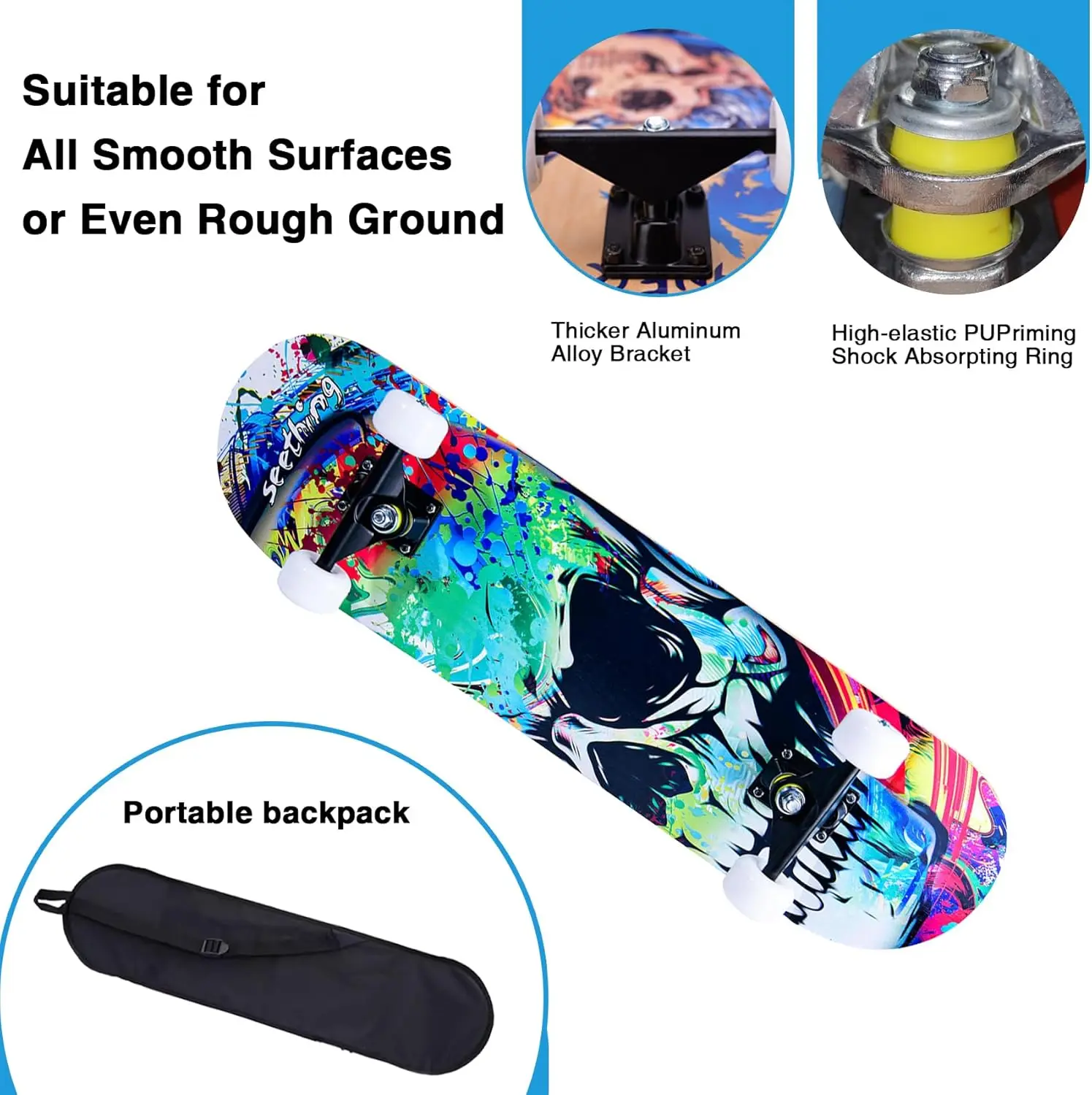 31''x8'' Complete Skateboard for Beginners & All Ages, 7-Layer Maple Deck, Double Kick Concave Design