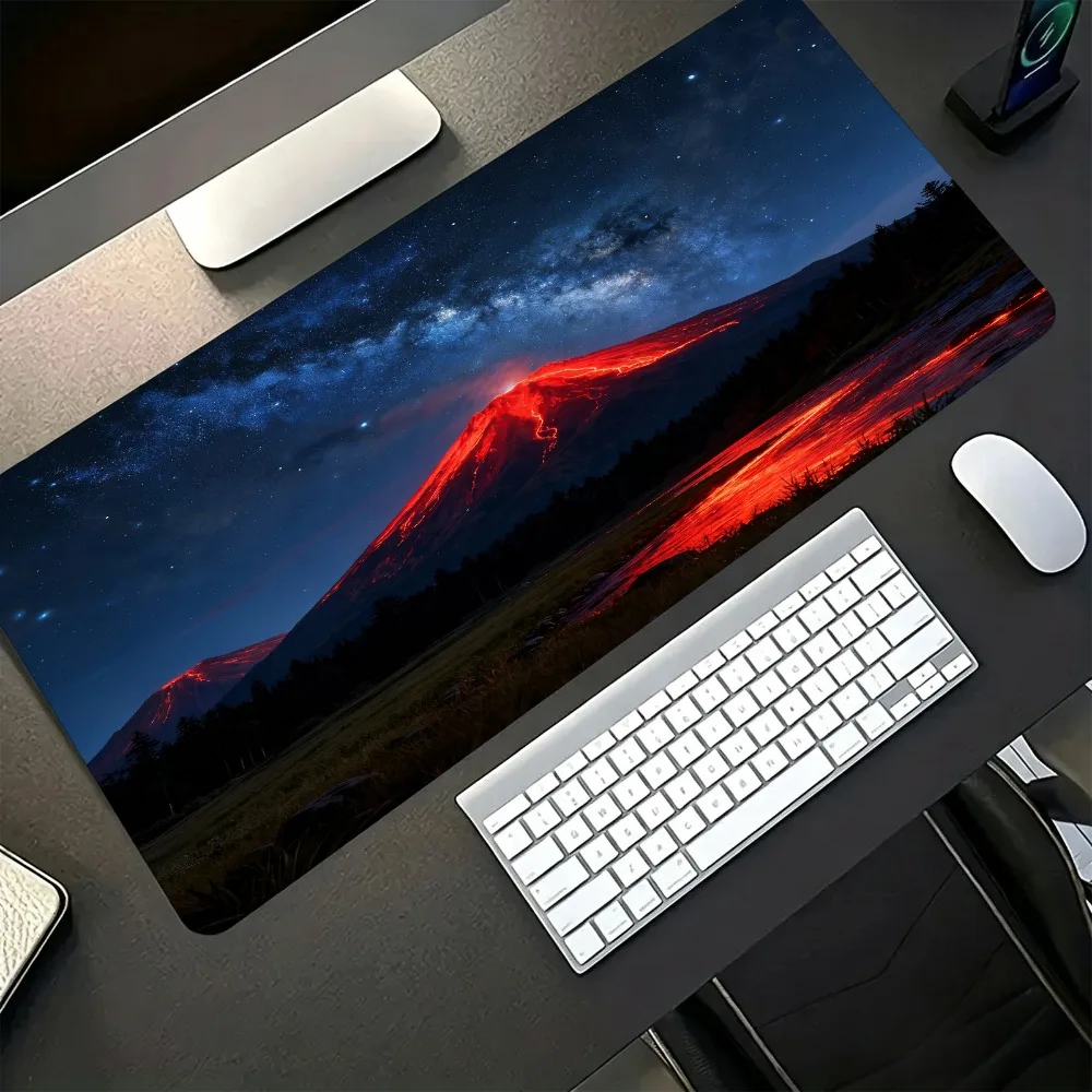 Mouse Pad Night Sky Galaxy Red Lava Volcano Print Rubber Material for Gamers And Office Workers Non Slip Extended Keyboard