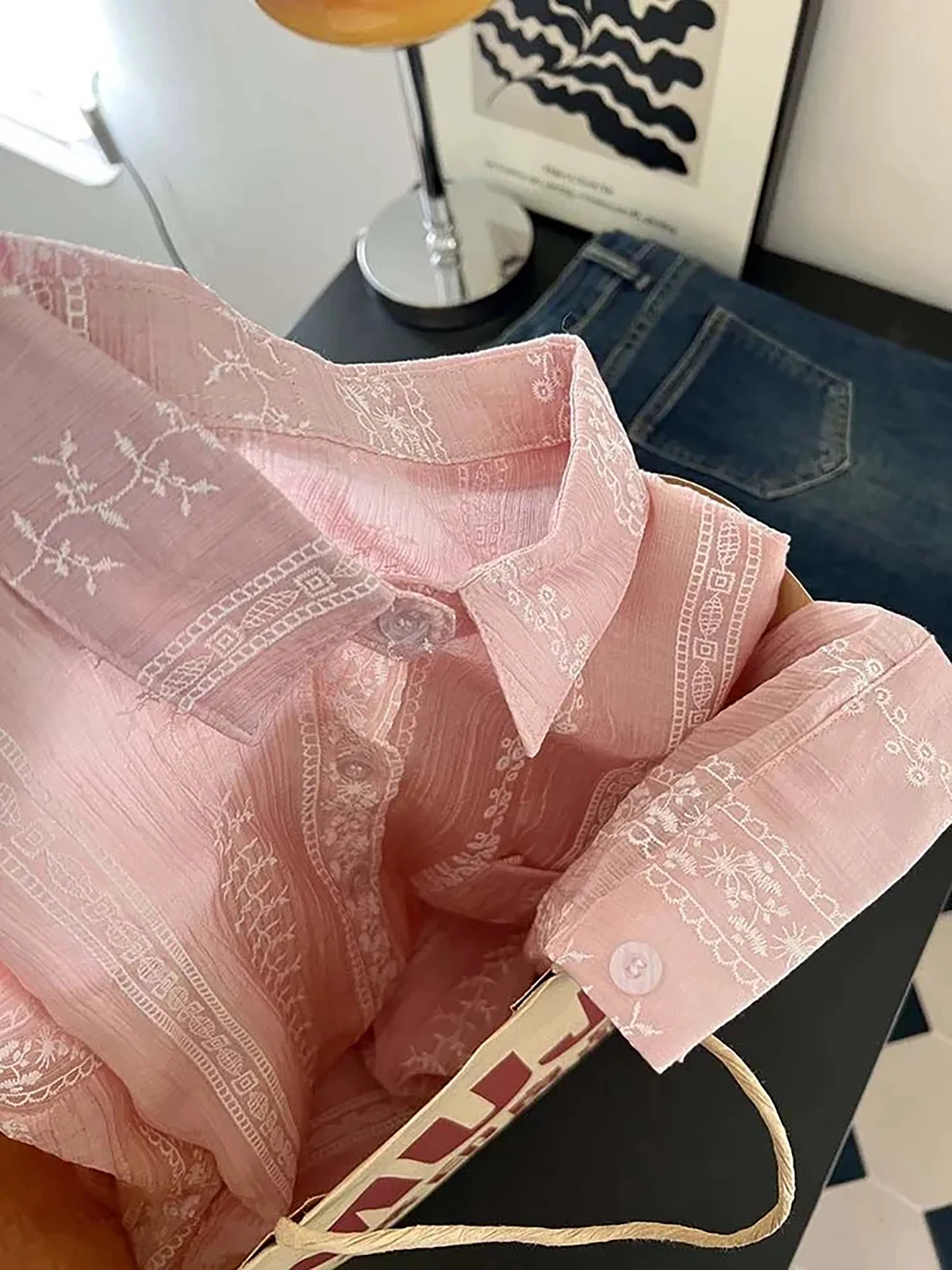 

Pink Embroidered Loose Casual irt Women's Summer New Sle Lazy Faion Personali Korean Version Straight Tube Blouse