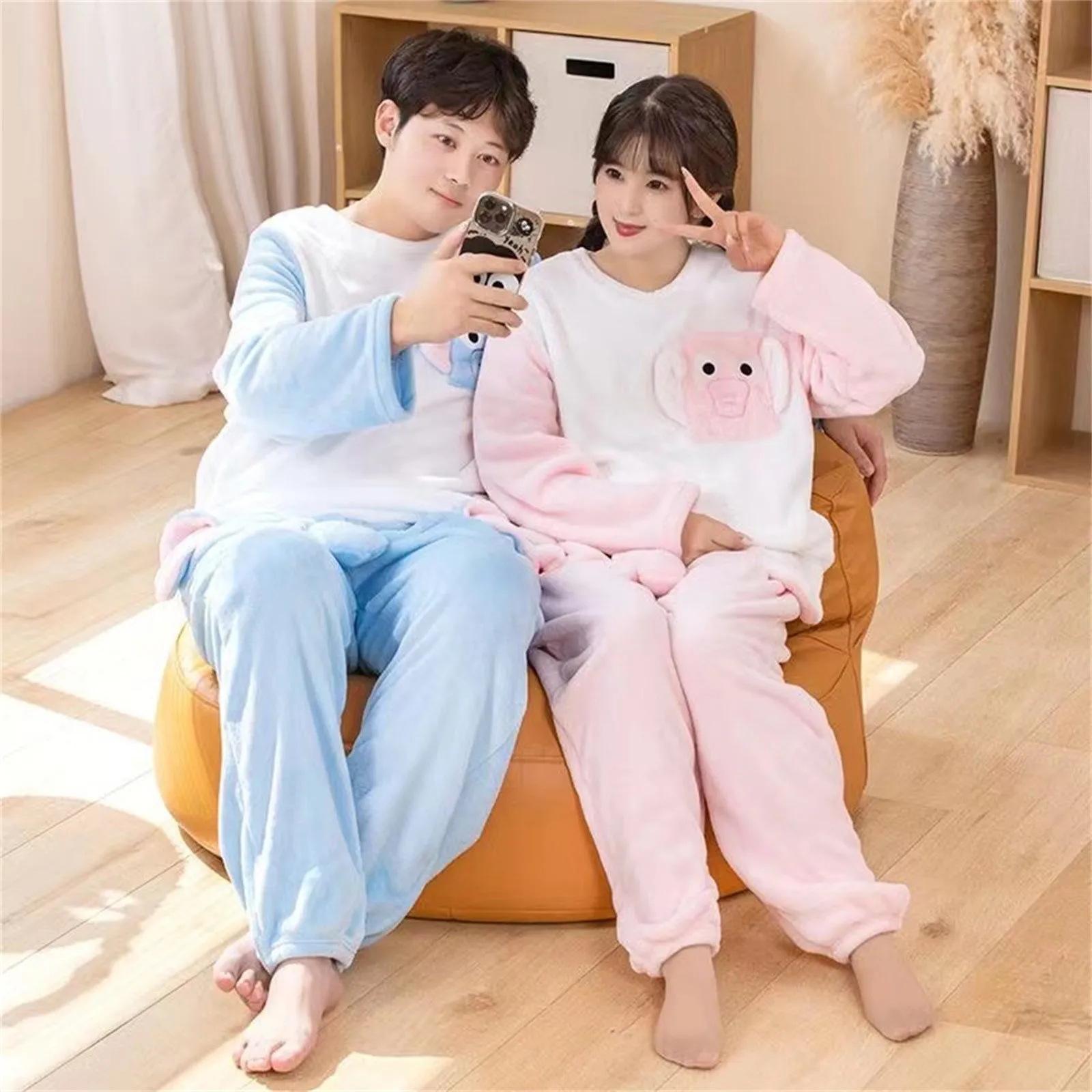 Funny Elephant Men Pajama Sleepwear Novelty Humorous Tops+Pants Two Piece Set Gift For Men Winter Warm Thickened Homewear