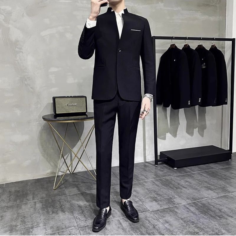 عالية الجودة الوقوف طوق دعوى الرجال 2 قطعة الأعمال الرسمية الدعاوى غير رسمية بلون مكتب حفل زفاف العريس السترة بنطلون