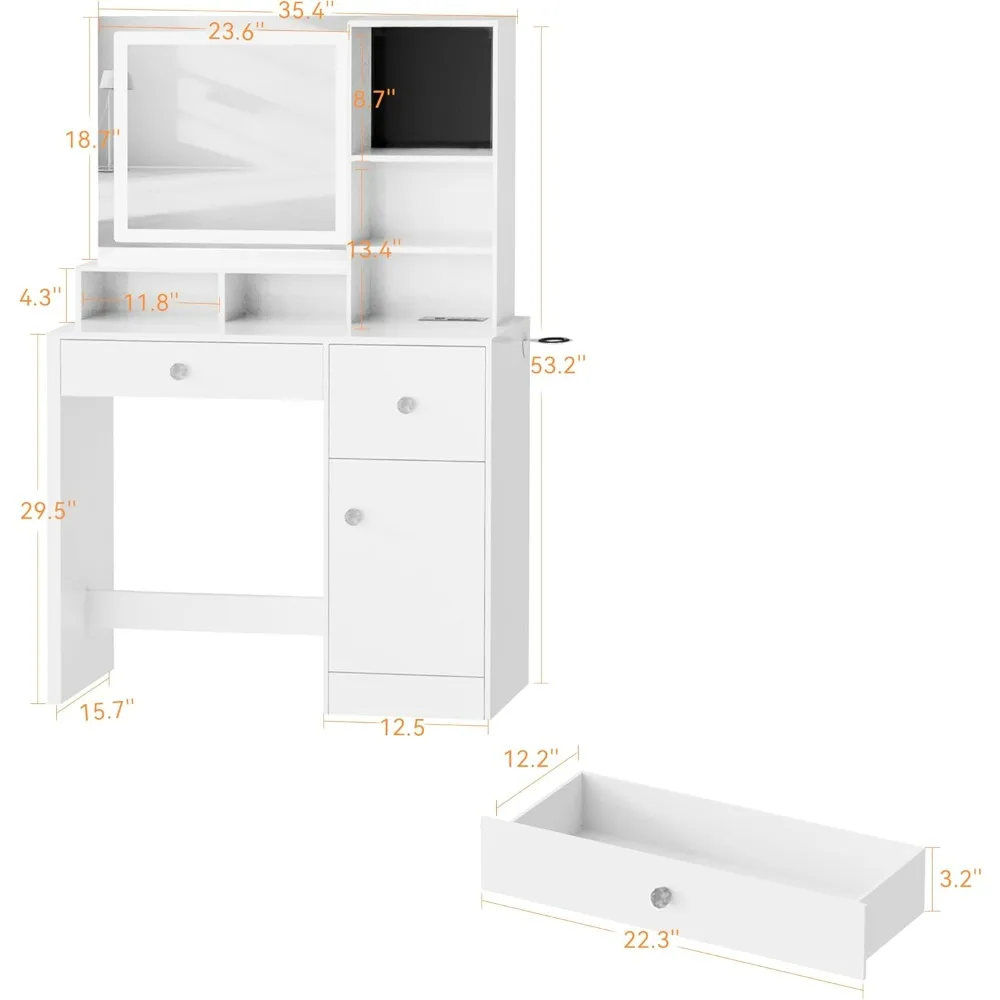 Vanity Desk with with LED Lighted Mirror&Power Outlet Makeup Vanity with 3 Drawers Dressing