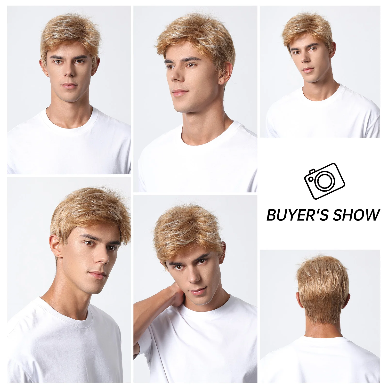 ALAN EATON Mixed Light Brown Men Wig Short Straight Natural Wigs Blonde Highlight Pixie Cut Hair Synthetic Wig for Daily Party