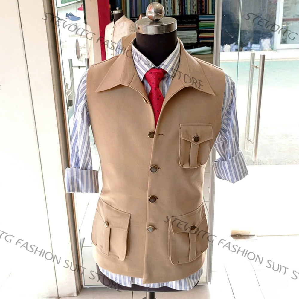 

Мужской бежевый жилет-сарафан в стиле сафари с одной застежкой, множеством карманов, повседневный и деловой, 1 шт., для вечерних и деловых мероприятий