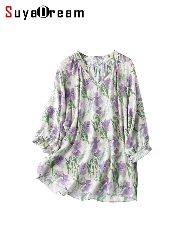 

SuyaDream Women Floral Blouses 100%Silk Crepe V Neck Printed Shirts 2023 Summer New Casual Top Purple