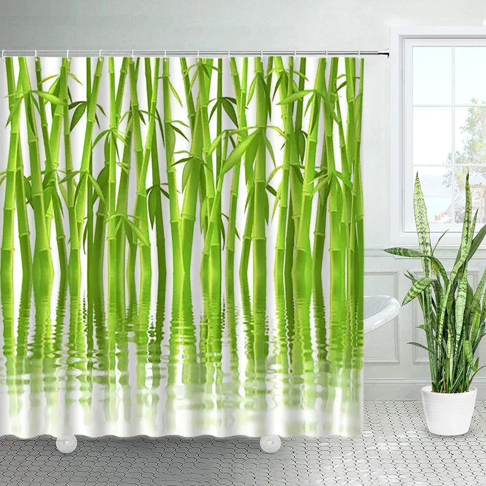 Bamboo Printed Shower Curtains Set Zen Japanese Spring Nature Tan Home Decor Asian Fabric Chic Bathroom Bath Curtain with Hooks