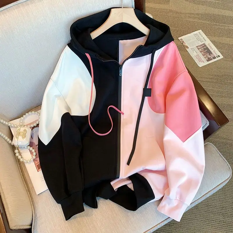 Women Hoodies Harajuku Casual Loose Jacket Sweatshirts Patchwork Color Long Sleeve Hooded Sweatshirt Zipper Coats Lady