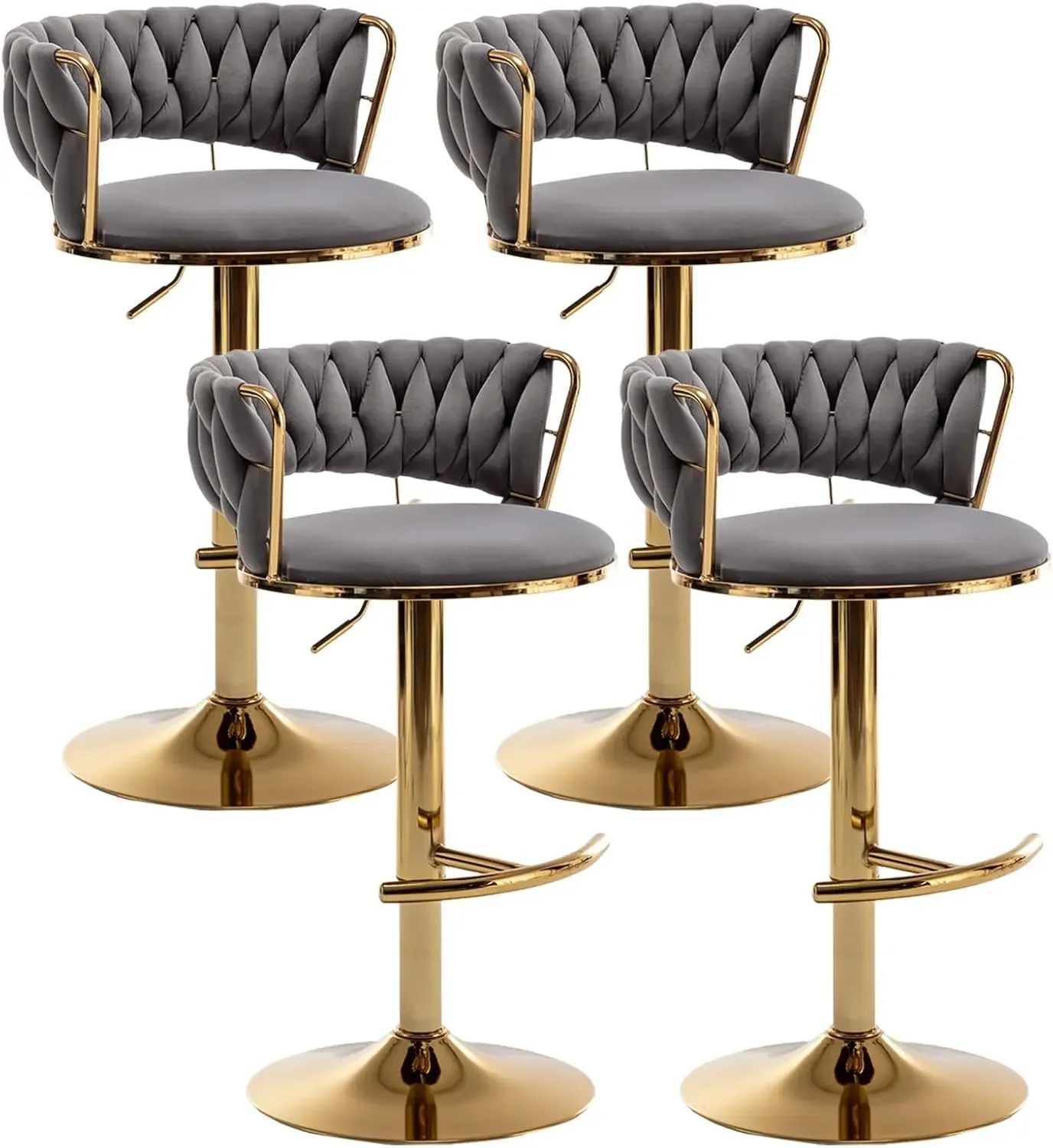 

Gold Set of 4, Counter Height Bar Stools with Low Back, Velvet Adjustable Height Barstools, 360° Swivel Bar Stools (Grey)