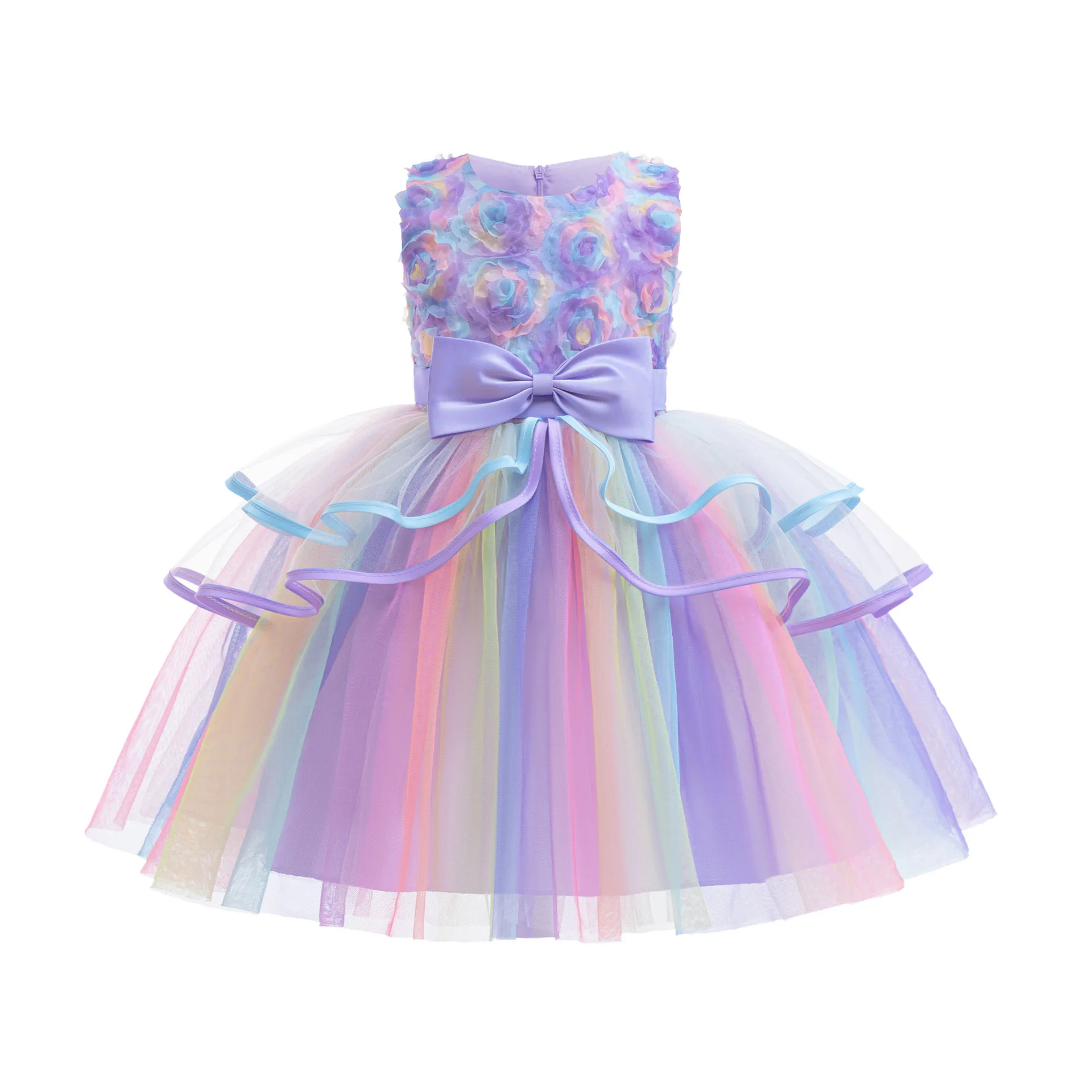 Elegant Girls  Party Dress Flower Rainbow Princess Girls Birthday Dresses Children Kids Halloween Purple Perform Costumes