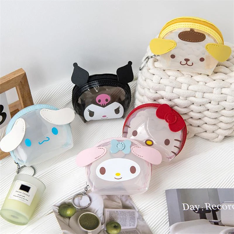 

Мультяшный прозрачный кошелек Sanrio для монет, косметичка, милая ручная сумка на молнии для студентов, Милые простые сумки для хранения с подвесками для девочек, подарки