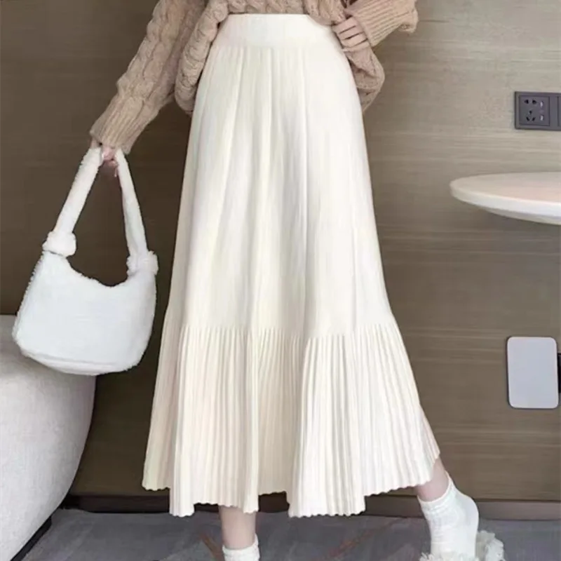 

Fashion High Waist Thin Pleated Knitted Skirt Female 2024 Autumn and Winter New Korean Casual A-line Dress Umbrella Skirt LJ312