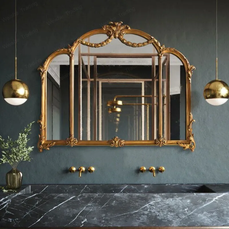 French retro carved three-sided vanity mirror American bathroom wall-mounted bathroom European home vanity mirror customization