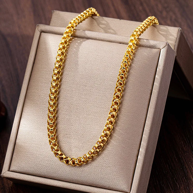 24K Gold Hip-Hop Hollow Plain Chain Necklace Women's AU999 - Premium gold, eye-catching hip-hop design, fits daily & streetwear