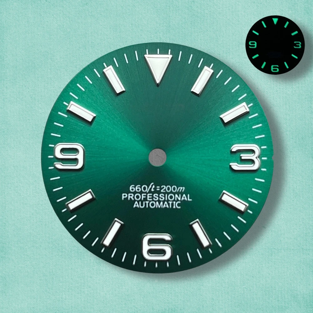 28.5mm S Logo Ex plorer Sunray Dial Fit NH35/NH36/4R/7S Movement Green Luminous Watch Modification Accessories 3/3.8/4O'clock