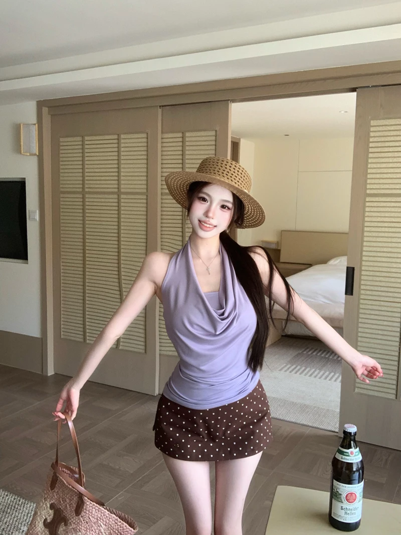 

Женский летний комплект Kumikumi Pure Desire Style: фиолетовый топ с бретельками на шее и юбка в горошек, сексуальный модный комплект из двух предметов