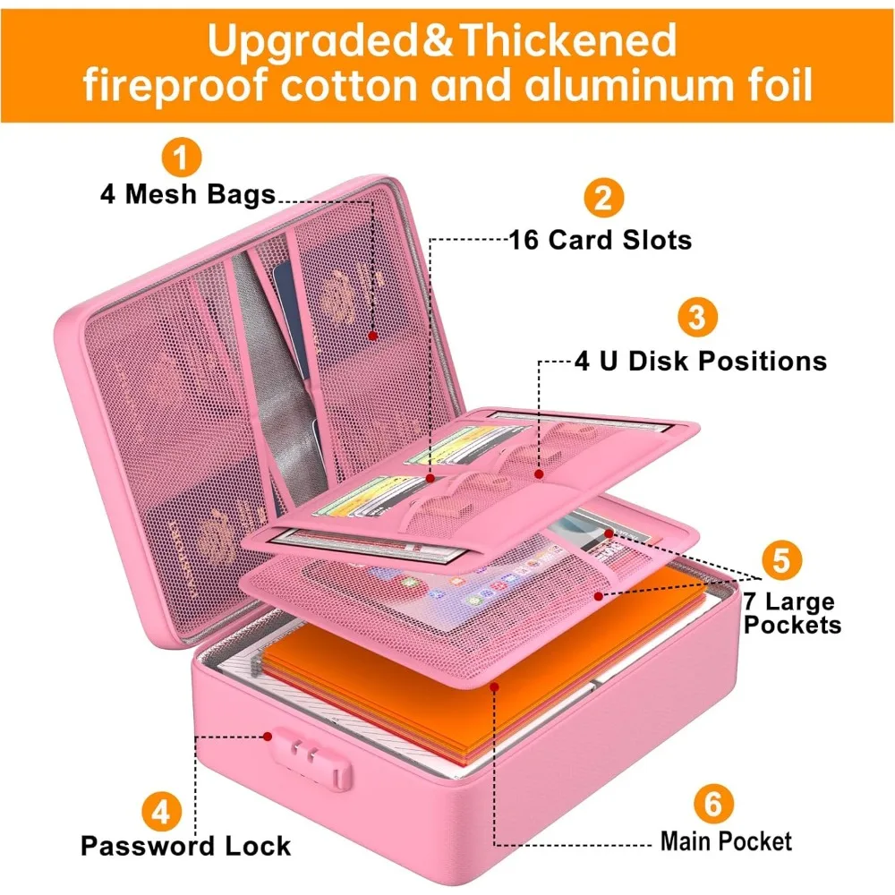 5200 ° F Органайзер для документов с замком, портативное домашнее безопасное хранилище для важных документов, файлов, розовый (мягкий)