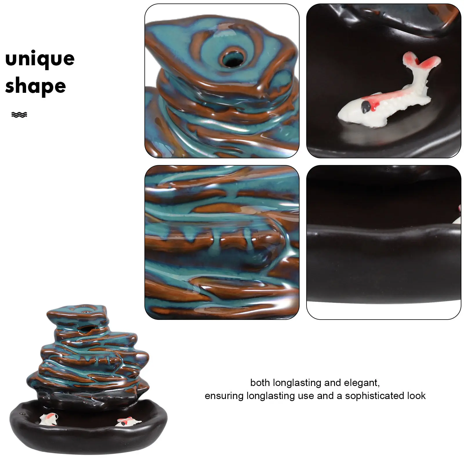 Ceramic Incense Burner Waterfall Backflow Smoke Visual Effect Compact Desktop Tabletop Censer for Yoga Studio Bedroom Living