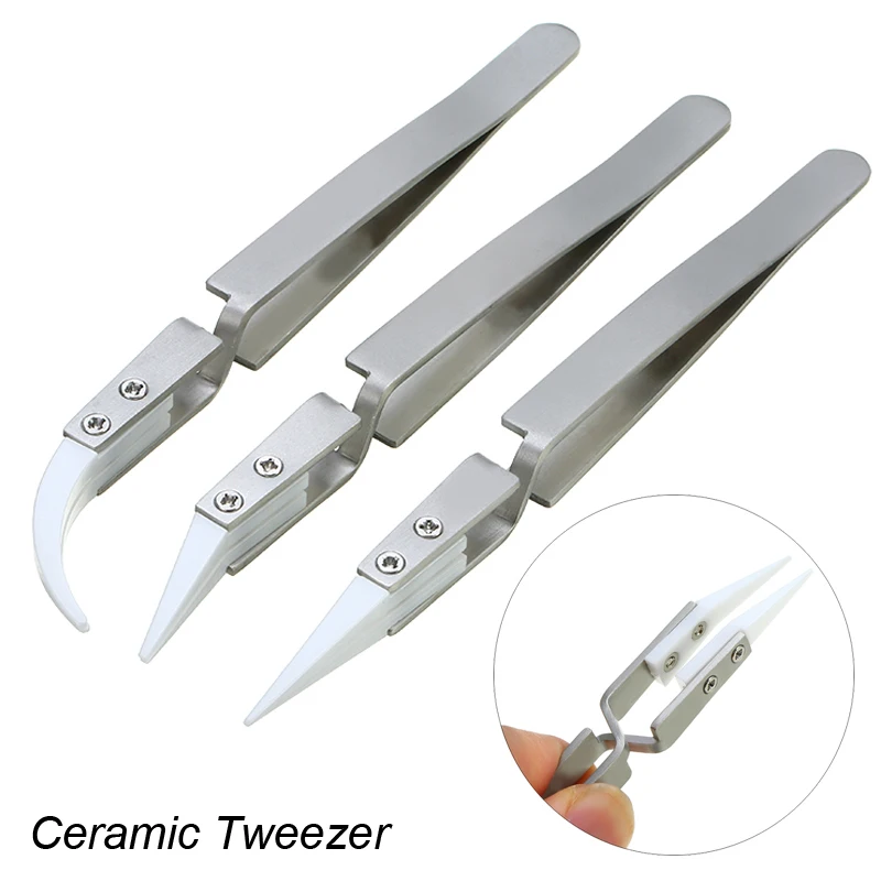 3Pcs Ceramic Straight Tip Anti-Static Welding Tweezers, Acid Resistant Precision Ceramic Cross Silver Clamp for Electronic Solde