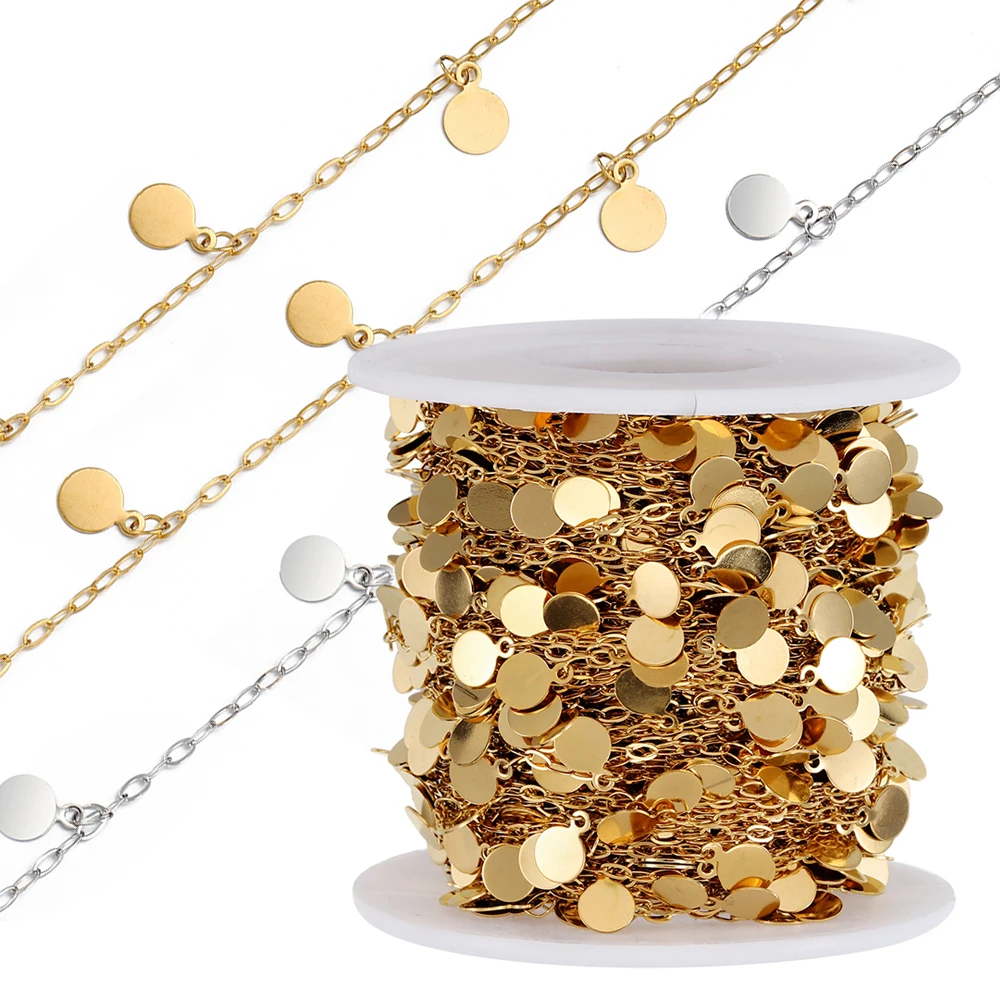 1Meter Stainless Steel Gold Color Round Charms Pendants Chain