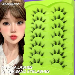 GROINNEYA Manga Lashes 5/7 Pairs 3D Clear Band Lashes Natural Mink Eyelashes Fluffy Cat Eye Lashes Pack Soft Cosplay Eyelashes