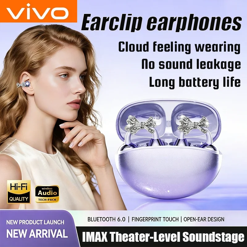 Écouteurs sans fil Bluetooth Vivo à clipser, à oreille ouverte, avec boucles d'oreilles détachables en forme de nœud papillon en